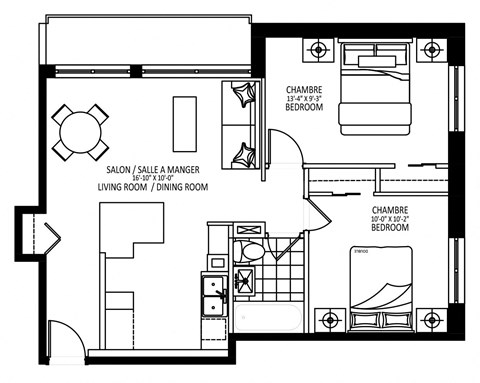 Floor plan for 2 beds, 1 bath, 688 sqft